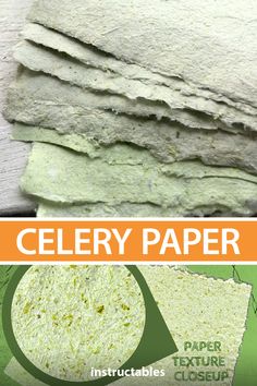 several different types of paper stacked on top of each other with the words celery paper