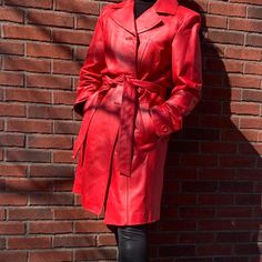 Red Worthington 100% Leather Trench Coat Free Shipping - Tagged Size Medium 37” Long 21” Pit To Pit 17” Wrist To Pit - Romcom Fashion Devil Wears Prada Genuine Leather Statement Piece Red Leather Jacket For Formal Occasions, Formal Red Leather Jacket, Classic Red Fitted Leather Jacket, Classic Red Leather Outerwear, Classic Fitted Red Leather Jacket, Spring Red Leather Jacket, Red Leather Winter Outerwear, Red Leather Outerwear For Work, Luxury Red Leather Jacket