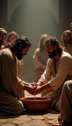 jesus washing his hands in a bowl with other men