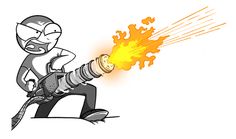 an image of a cartoon character holding a fire extinguisher with flames coming out of it