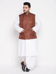 Vastramay mens plus size coffee color cotton blend jacket with white kurta and dhoti set Brown Long Sleeve Winter Sets, Brown Winter Sets With Pockets, Casual Brown Winter Sets, Brown Long Sleeve Nehru Jacket For Winter, Festive Brown Long Sleeve Outerwear, Festive Brown Outerwear, Men Coffee, Festive Wedding, Jacket Fabric