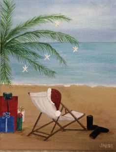 a painting of a beach chair with presents under a palm tree