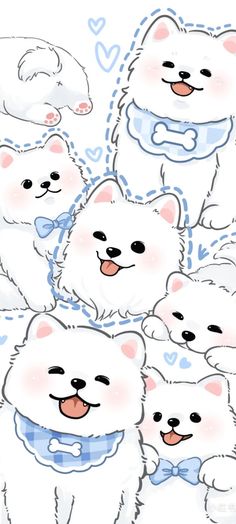 a group of white polar bears with blue bows and hearts on their chests, all looking at the same direction