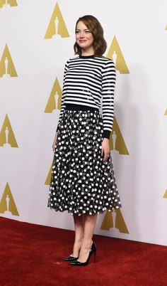 Emma Stone in Michael Kors at the Oscar Nominees’ Luncheon Pattern Mixing Outfits, Emma Stone Style, Rok Outfit, Glam Slam, Stripe Outfits, Dresses Outfits, Black And White Dress, Polka Dot Skirt, Dot Skirt