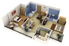 the floor plan of a two bedroom apartment with an attached kitchen and living room area