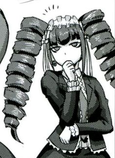 an anime character with long hair, wearing a black and white outfit holding her hands to her face