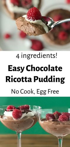 Chocolate Ricotta Pudding in coupe glasses with whipped cream, raspberries and shaved chocolate and on a spoon Ricotta Pudding, Chocolate Ricotta, Ricotta Dessert, Dairy Free Pudding, Chocolate Espresso Cake, Easy Homemade Desserts, Easiest Dessert, Desserts With Few Ingredients