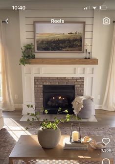 a dog is sitting in front of a fireplace and looking at the screen on his phone