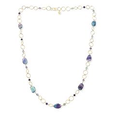 Rarities Gold-Plated Multigemstone 34" Necklace  Exotic carved gemstones and trendy, circle links, give this gold-plated necklace a chic, stylish edge. Choose Ametrine or Fluorite stations.       Approx. 34"L x 1/2"W      Stamped .925; 22-24K yellow gold-plated     S-hook closure     Circle-link chain necklace has carved gemstone ametrine with amethyst bead accents or fluorite stations with fluorite bead accents   Stone Information       All sizes and weights approximate     Purple Ametrine - Fr Gold Long Necklace With Natural Stones, Gold Amethyst Single Strand Jewelry, Gold Amethyst Single Strand Necklace, Carved Gemstones, Purple Fluorite, S Hook, Amethyst Beads, Gold Plated Necklace, Chain Link Necklace