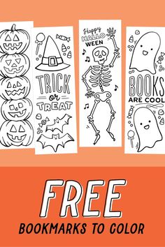 three halloween coloring pages with the text free books to color on them and an orange background