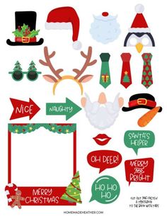 christmas photo booth props with santa hats, glasses and other holiday items on the side