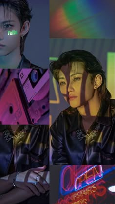 the collage shows an image of a woman with neon lights