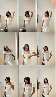 woman in white dress posing for multiple pictures