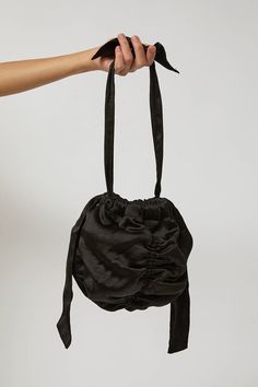 Lightly padded satin bag. Round, ball shape with shirred texture. Shoulder strap. Satin Bags, Shoulder Strap, Black Pink, Loafers, Satin, Texture, Black