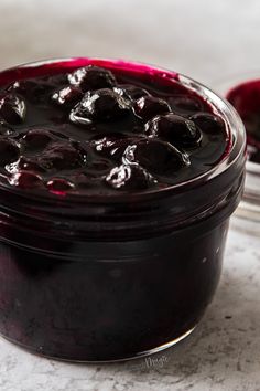 homemade blueberry topping / compote in a glass jar