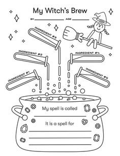 the witches spell coloring page with instructions for children to learn how to spell and use them