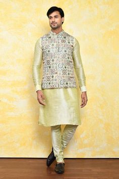 Multicolored bundi in floral pattern. Paired with a plain kurta and churidar. - Aza Fashions Pajama Men, Plain Kurta, Kurta Pajama Men, Kurta Patterns, Kurta Pajama, Nehru Jackets, Embroidered Neckline, Band Collar, Churidar