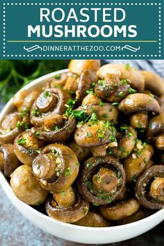 roasted mushrooms in a white bowl with parsley