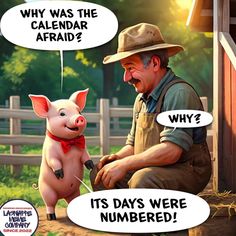 a man sitting next to a pig in front of a fence with two speech bubbles