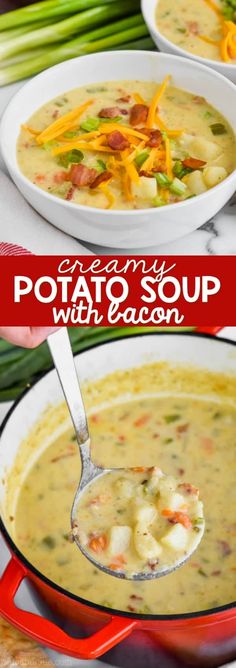 creamy potato soup with bacon in a red bowl and green asparagus on the side