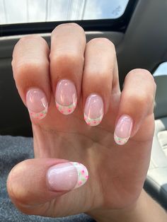 Super cute white french tip nails with pink flowers! Perfect for Spring or summer. I got these for my prom nails. Cute French Tips Nails, Cute White French Tip Nails, White French Tips With Flowers, French Tip Nails With Pink, Nails With Pink Flowers, Short Nails Birthday, Floral French Tip Nails, French Tips With Flowers, Flower French Tip Nails