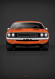 an orange muscle car on a black background