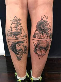 two tattoos on the legs of people with different animals and mountains in them, one is black and white