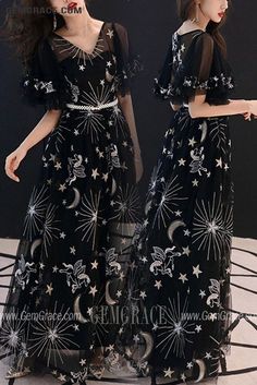 10% off now|Free shipping world-wide. Dreamy Long Black Moon And Stars Party Dress With Puffy Sleeves at GemGrace. Click to learn our pro custom-made service for wedding dress, formal dress. View #BridalPartyDresses for more ideas. Black Moon Dress, Black Lantern Sleeve Party Dress, Black Lantern Sleeve Dress For Party, Star Print Evening Dresses For Party Season, Black Puff Sleeve Dresses For Party Season, Black Puff Sleeve Prom Dress, Black Star Print Dress, Puffy Sleeve Dress Casual, Dress Perpisahan Sekolah