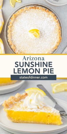 a lemon pie on a plate with the title above it