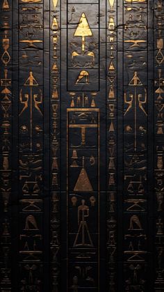 the egyptian hieroglyphics are painted gold and black with different symbols on them