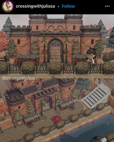 an animated image of a castle with lots of trees and bushes in front of it