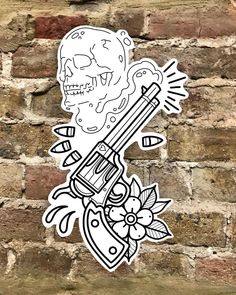 a sticker on the side of a brick wall with a skull holding a knife