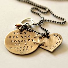 Hand Stamped Jewelry, Mother Son Quote Necklace, Personalized Jewelry, Sterling Silver Charm Necklace, Australian Stamped Jewellery

This is a lovely gift for yourself or someone who has a son or sons. The largest disc measures 1'' and says 'sons are the anchors of a mothers life'. The second heart disc measures 3/4'' and has a name along one side and birthdate along the other. A sterling silver anchor charm is attached as is the birthstone of the name on the heart in swarovksi crystal. Lastly a Mother Son Necklace, Mother Son Quotes, Son Necklace, Sterling Silver Charm Necklace, Silver Charm Necklace, Necklace Quotes, Infinity Jewelry, Hand Stamped Necklace, Jewelry Quotes