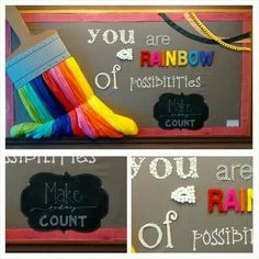 there is a chalkboard with words on it and a rainbow brush in the middle