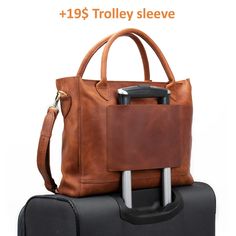 "ADD to cart MAKEUP BAG: https://etsy.me/2VTLIXI Leather tote with trolley sleeve, Leather bag with luggage sleeve tote bag with leather slip add-on trolley sleeve tote trolley bag leather SIZES: ✦ EXTRA LARGE Size (XL) ✦ (For 15\" MacBook Pro) 15.5\" (39 cm) Wide 11.5\" (29 cm) Tall 3.5\" (9 cm) Deep ✦ LARGE Size (L)✦ (For 13\" MacBook Air 2018+ / Pro) 13.5\" (34 cm) Wide 10.5\" (27 cm) Tall 3.5\" (9 cm) Deep ✦ MEDIUM Size (M) ✦ (For 9.7-11\" IPad) 11\" (28 cm) Wide 9\" (23 cm) Tall 3\" (8 cm) Brown Leather Laptop Bag, Handmade Leather Tote Bag, Handmade Leather Tote, Leather Work Bag, Tas Bahu, Retro Handbags, Laptop Messenger Bags, Laptop Bag For Women, Large Leather Tote