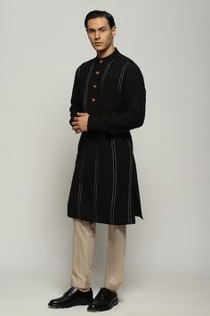 Black full sleeves long kurta crafted in handloom cotton with spaced out stitch lines detailing. - Aza Fashions Traditional Black Cotton Bandhgala, Kurta Men, Long Kurta, Stitch Lines, Band Collar, Full Sleeves, Aza Fashion, Full Sleeve, Collar