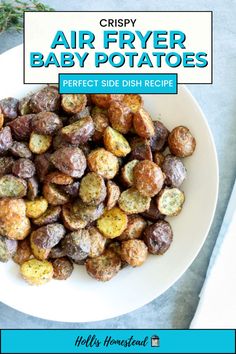 Air fryer baby potatoes pintrest pin image with text overlay and crispy air fried baby potatoes in a white bowl seasoned and fresh rosemary on the side. Crispy Baby Potatoes, Air Fryer Baby Potatoes, Air Fryer Oven Recipes, Side Dish Recipes Easy, Easy Side Dish, Baby Potatoes