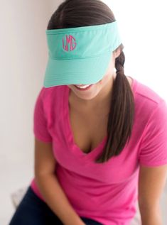 "Personalized Soft Cotton Visor - Perfect for Group Events Spring Break or Bachelorette Party Adjustable Velcro Back Approximately 19\" - 24\" Around the Head Single Initial: Classic, Single Classic, Party Time, Vine, & Tipsy 3 Initials: Circle, Classic, Master Circle, Party Time, & Vine Name: Classic, Etiquette, Party Time, & Tipsy Also Available! Ladies Trucker Caps: http://etsy.me/2xG6NaY Ladies Caps: http://etsy.me/2xNXzsq Children's Caps: http://etsy.me/2yOM5Uf At Boomerang Prom Monogram Kids, Womens Visor, Monogram Hats, Visor Cap, Embroidery Monogram, Sun Hats For Women, Visor Hats, Mint Color, Sun Visor