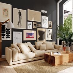 a living room filled with lots of pictures on the wall and furniture in front of it