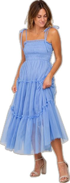 Spring Chiffon Midi Dress With Ruffled Straps, Blue Flowy Tiered Ruffle Dress, Blue Flowy Tiered Dress With Ruffles, Spring Blue Tiered Dress With Ruffled Straps, Summer Tiered Chiffon Midi Dress, Spring Ruched Ruffle Midi Dress, Summer Chiffon Midi Dress With Ruffled Straps, Flowy Ruched Tiered Midi Dress, Blue Ruffled Tiered Midi Dress