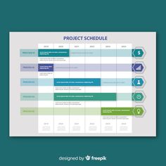 a project schedule is shown on a blue and green background, with arrows pointing in different directions