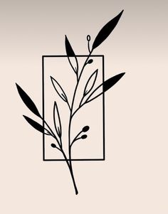 a black and white drawing of a plant with leaves in a rectangle on a beige background