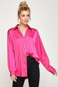 BUTTONDOWN SATIN SHIRT Brand: Ellison Style: RT-3281-6 Fabric: Details: DESIGNED TO GIVE YOU A CLASSIC AND SOPHISTICATED LOOK WITH A MODERN FEEL TO IT - THANKS TO THE SHINY SATIN. WEAR THIS WITH DRESS PANTS MONDAY THROUGH FRIDAY, THEN PAIR IT WITH DENIM ON THE WEEKEND. Pink Satin Button Down Shirt Outfit, Fuchsia Blouse Outfit, Pink Satin Shirt Outfit, Oversized Satin Shirt Outfit, Satin Button Down Shirt Outfit, Pink Satin Shirt, Satin Shirt Outfit, Button Down Shirt Outfit, Oversized Satin Shirt