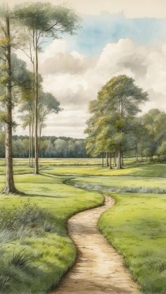 a painting of a dirt path in the middle of a green field