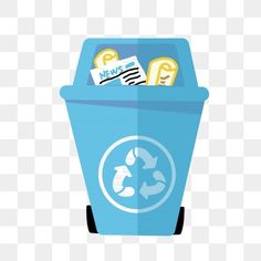 a blue trash can filled with garbage and some paper clip art, hd png