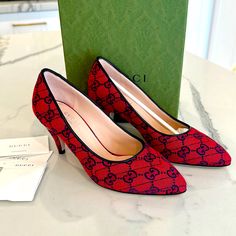 Brand New In Box. 100% Authentic Gucci Napa Charlotte Pump Heels Limited Edition 52 Size 36.5 Style 661392 2uzo0 6490 Red Canvas With Blue Gg Logo Throughout. Features 3” Heel Stunning To Dress Up Or Down. Comes As Shown In Photos. Includes Original Box, Dustbags, Paperwork, Extra Set Of Heel Tips Gucci Luxury Heels With Red Sole, Luxury Gucci Heels With Red Sole, Gucci Red Heels With Branded Heel Counter, Gucci Pointed Toe Heels With Red Sole, Gucci Booties, Gucci Shoes Women, Gucci Heels, Black Patent Heels, Black Patent Leather Pumps