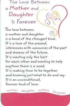 a mother's love poem for her daughter is written on the back of a card