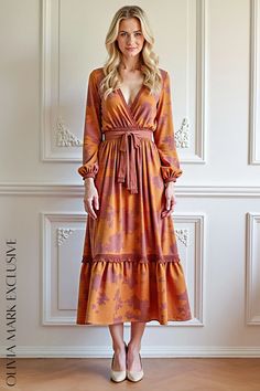 Olivia Mark - Elegant Tie-Dye Wrap Midi Dress with Ruffled Hem and Long Sleeves Bohemian Maxi Dress With Ruffle Hem For Fall, Orange Ruffled Midi Dress For Fall, Dress Elegant Long, Changing Leaves, Wrap Midi Dress, Long Sleeve Midi, Cinched Waist, Olivia Mark, Garden Party