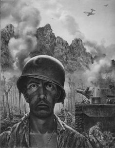 a black and white drawing of a man wearing a helmet with tanks in the background