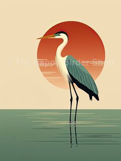 a bird is standing in the water with an orange sun behind it, and there is no image to describe